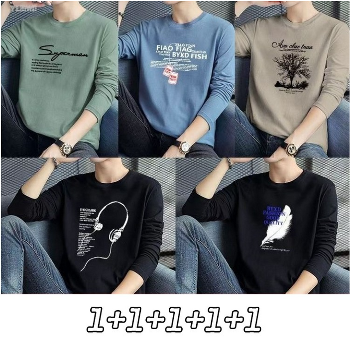 YLEMI 11111 5장 세트 남성 긴팔 순면티 봄가을 라운드 패션 루즈핏 티셔츠
