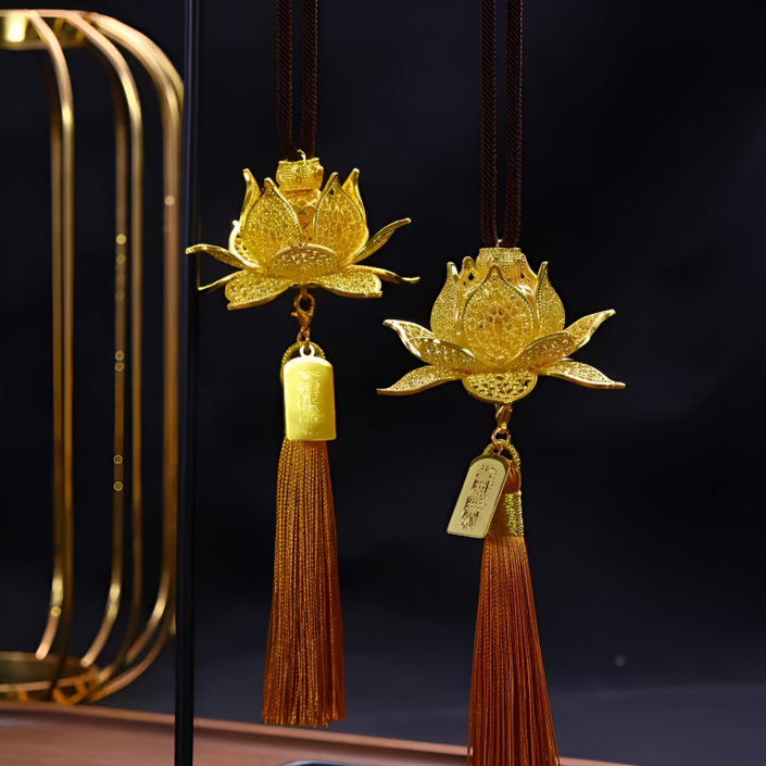 고급 황금 연꽃 차량용 태슬 룸미러 장식 행운 데코 걸이