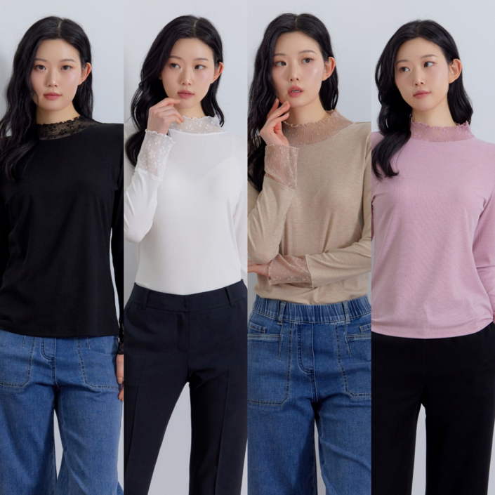 지센 여성 부산점 레이스 패치 골지 티셔츠 LFTSQ101 4컬러