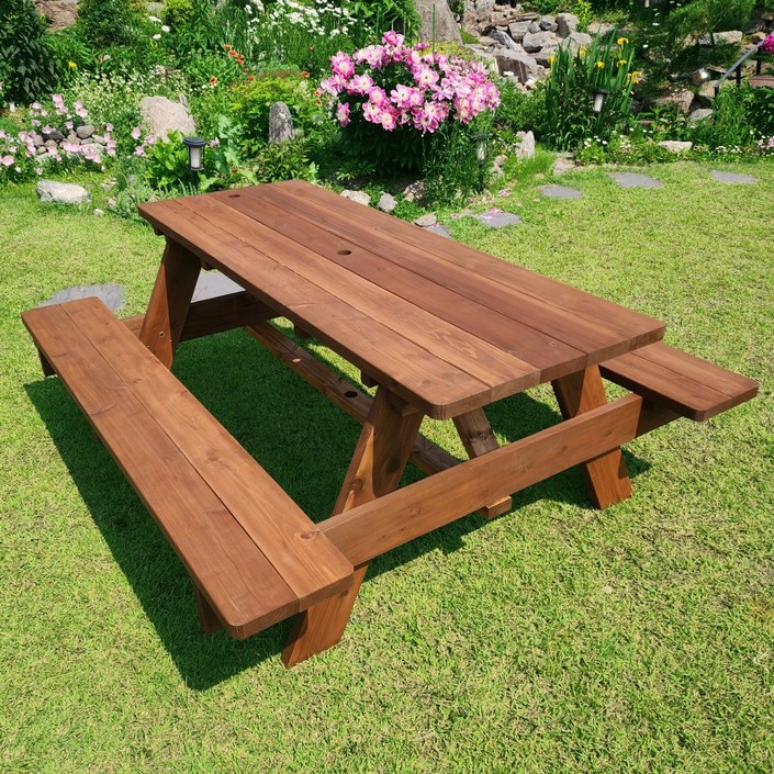 미엔우드 송진 없는 통원목 일체형 야외테이블 세트 야외용 평상 편의점 카페 피크닉 테이블, 8인 월넛색