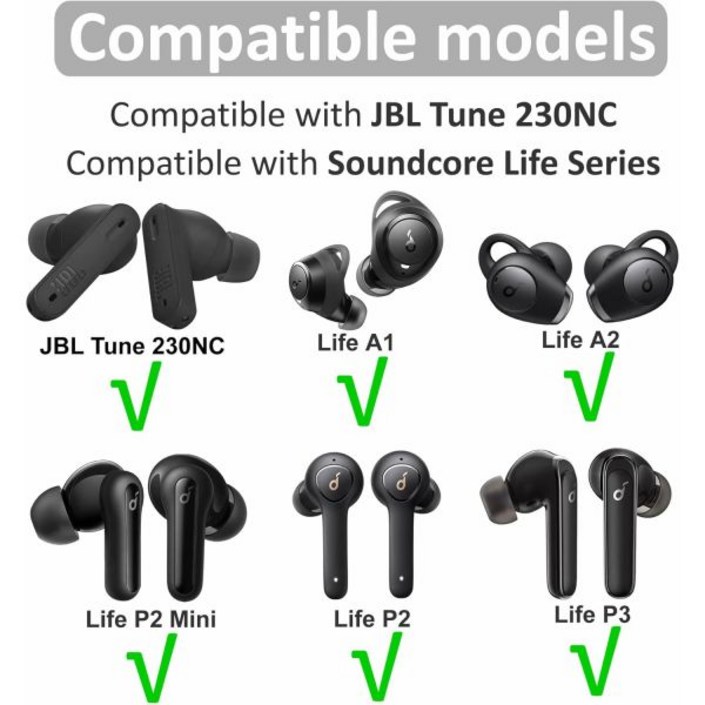 JBL Tune 230NC TWS inear 헤드폰 SML 3사이즈 실리콘 이어팁 이어버드 젤 윙스 사운드코어 라이프 시리즈와 호환되는 9쌍 그레이