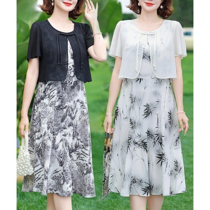 빛나는 판다 반팔 원피스 원피스 40대 쉬폰 빅사이즈 여성 하객룩 중년 엄마옷 50대