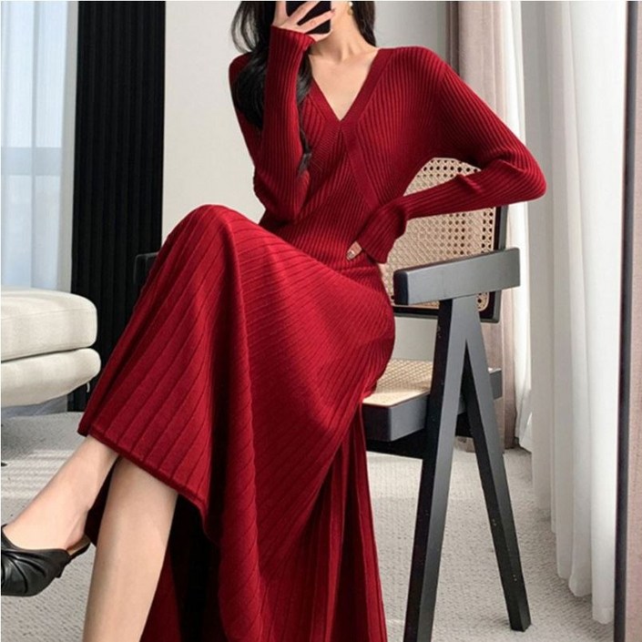 순이야 C.여성 골지 브이넥 니트 롱 원피스