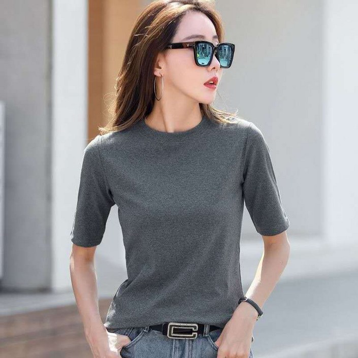 루미빈 여성 라운드넥 골지 5부 소매 티셔츠 슬림핏 스판 반팔티
