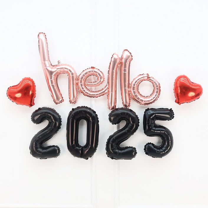 파티짱 hello 2025 하트 풍선 세트 소문자 신년회 연말파티 해피뉴이어, 로즈블랙레드