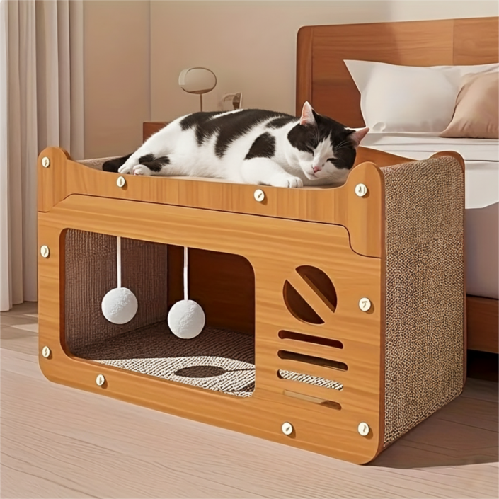 대형 2단 고양이 숨숨집 스크래처 보드 볼 장난감 하우스