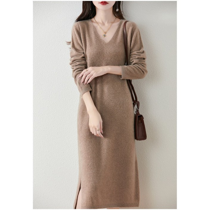 MINA STYLE 브이넥 원피스 니트 롱 옆트임 여성 긴팔 데일리룩