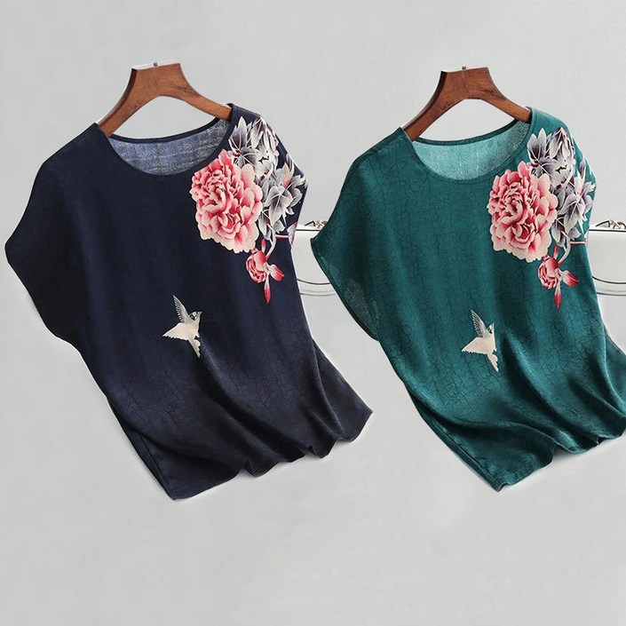 11 중년 여성 반팔 티셔츠 캐주얼 라운드 쿨링 상의 레깅스 루즈핏 기질 플라워 냉장고 아이스 반팔티 JZZN