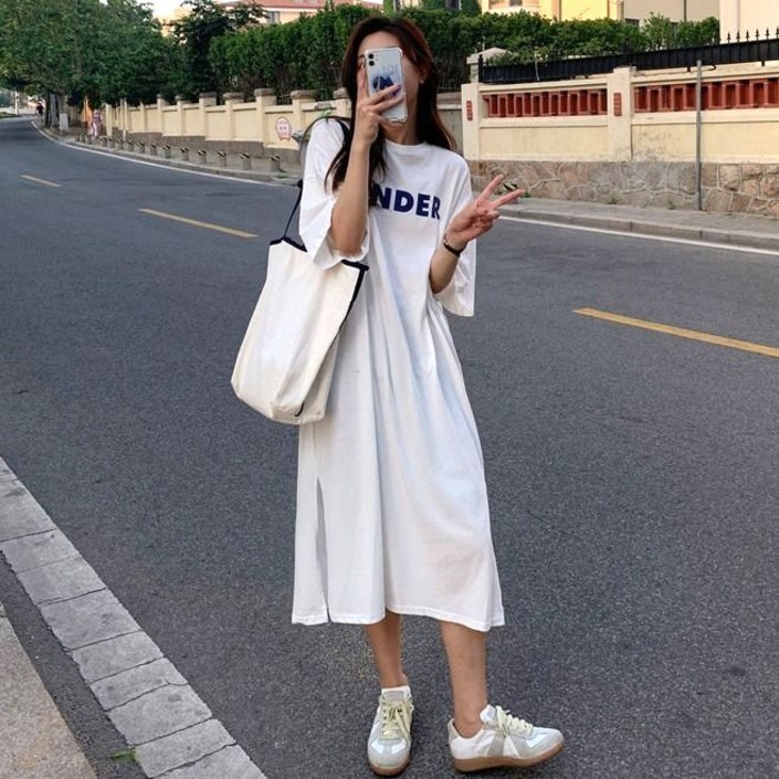 후암마켓 롱원피스 캐주얼 옆트임 레터링 루즈핏