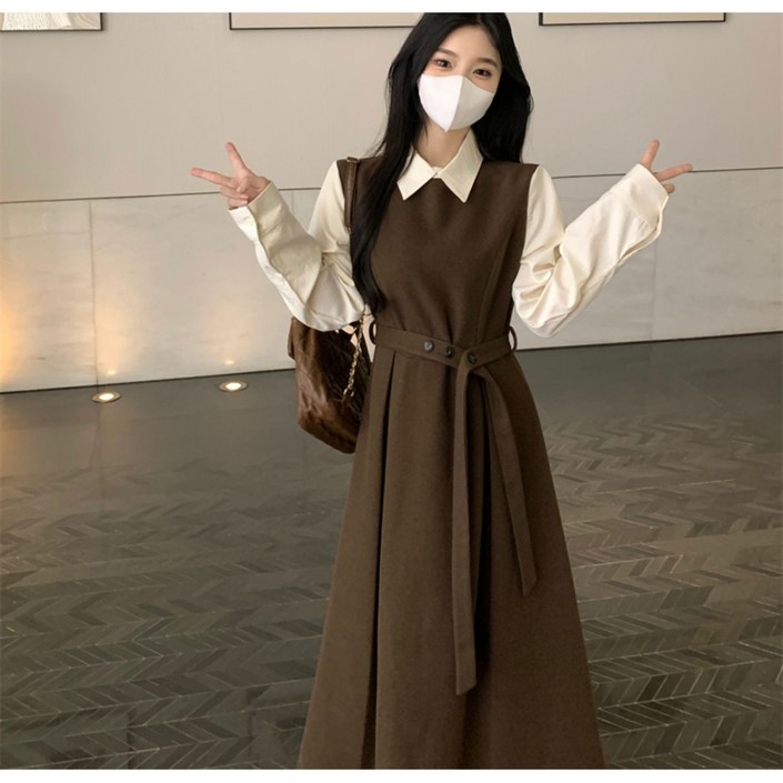 ANYOU 여성 롱 원피스 패션 카라넥 긴팔 캐주얼 원피스 빅사이즈 셔츠원피스 봄가을 데일리룩