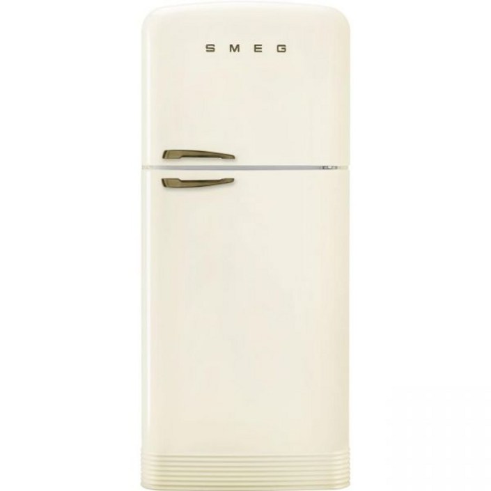 제빙기가 장착된 Smeg FAB50 50년대 레트로 스타일 탑 냉동 냉장고 19.28Cu 총 용량 멀티플로우 냉각 시스템 조절 가능한 유리 선반 오른쪽 힌지 크림 청동 손잡이