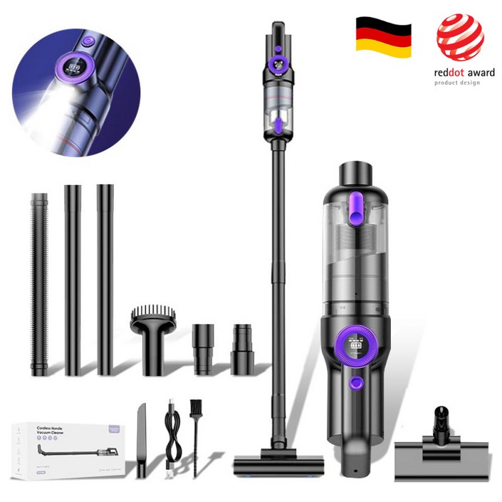 국내발송 RichMagic 독일 16000pa브러시리스 더블 모터 강흡입력 디지털 디스플레이 LED 가정용 차량용 다용도 멀티 청소기, 흑자주색