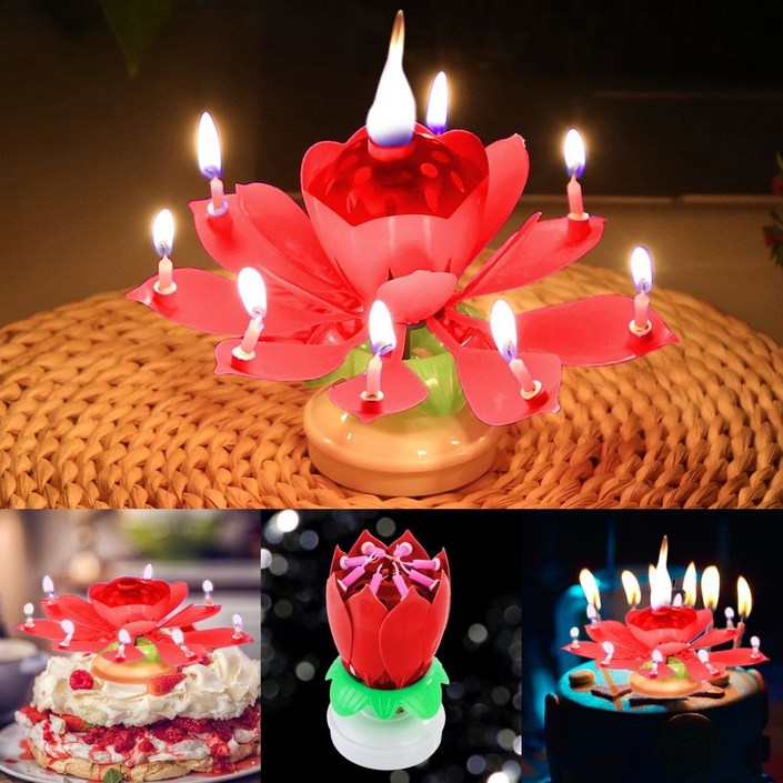 생일 케이크 이벤트 기념일 회전 멜로디 연꽃초(레드) 특이한 생일초 파티용품