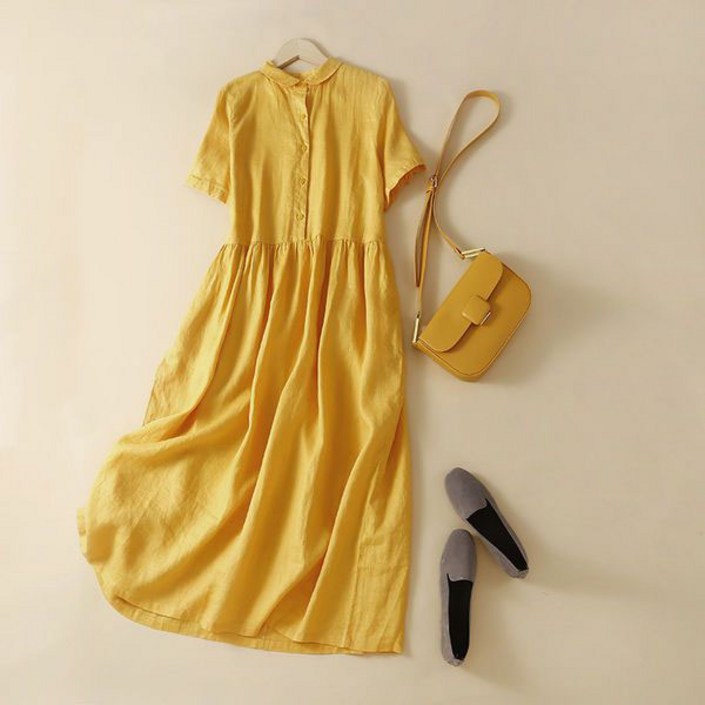 COBOTOR 여성 린넨 원피스 오버핏 a라인 캐주얼 여자 봄 여름 가을 반팔 롱원피스 신상 linen dress women XK0128