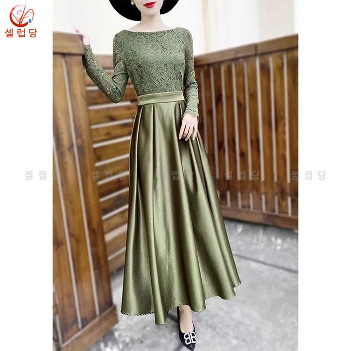 셀럽당 여성 원피스  봄가을 분위기 드레스 레이스 패치 롱 스커트