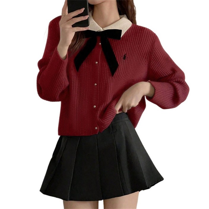 여성가디건 기본핏 카라넥 골지 니트 가디건 리본 포인트 가디건 H45109
