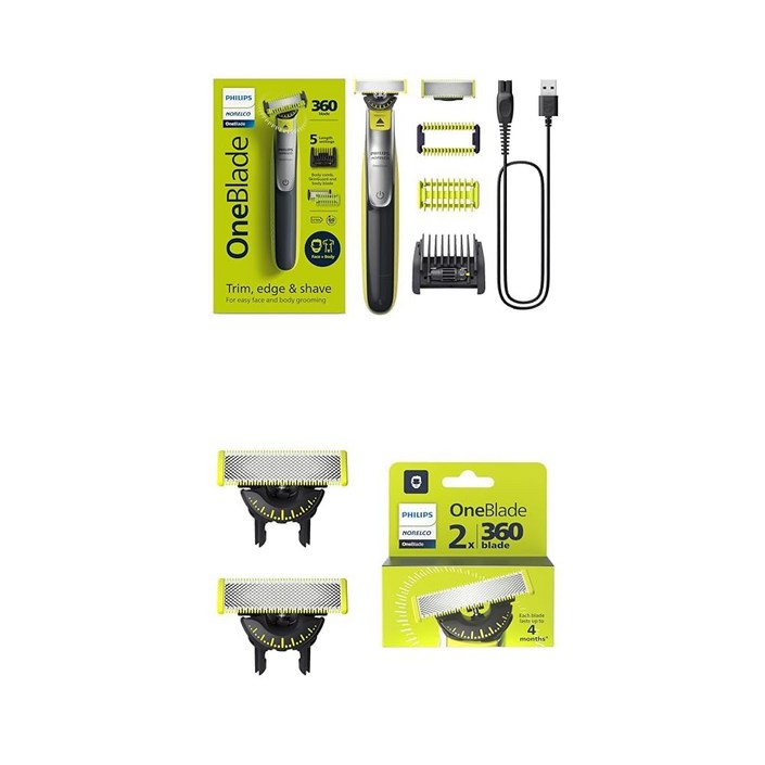 [미국발송] 필립스 노렐코 원블레이드 360 QP2834/70 전기면도기 + 정품 360 교체날 2입 QP420/80 번들세트 얼굴 바디 겸용 수염 트리머, 블랙민트, QP2834/70