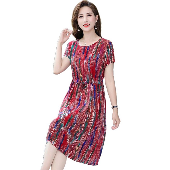 ROYALBELLE 중년여성 여름 미디옴 루즈핏 반팔 원피스 엄마옷 허리 슬림 반팔 엄마옷 빅사이즈 데일리룩 마담옷 H050405 AN