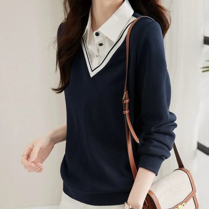 비아이와이 루즈핏 브이넥 긴팔 맨투맨 페이크 레이어링 DH2