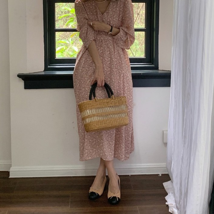 꽃그림 플라워 쉬폰 포켓 맥시 롱 원피스