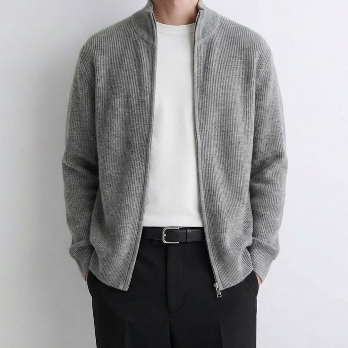 비상루트 남성 반하이넥 골지 집업 니트 가디건 미니멀 데일리 캐주얼