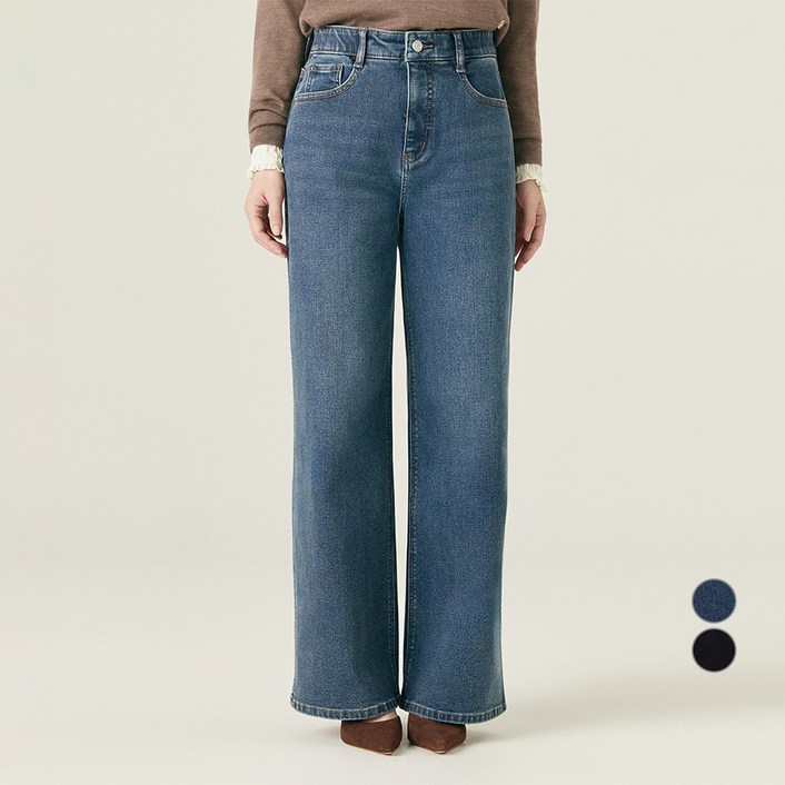 로엠 여성용 기본/숏 기장 핏 미 기모 와이드 데님 팬츠