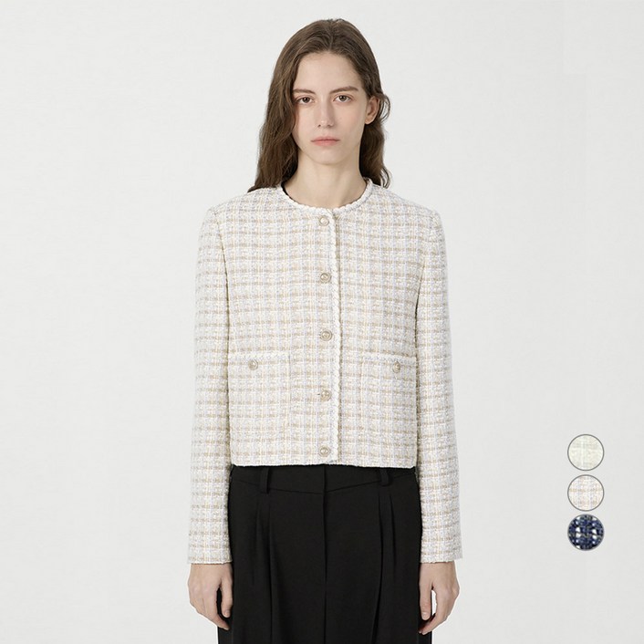 리스트 여성용 트위드 브레이드 라운드넥 자켓 TWWJKP52070