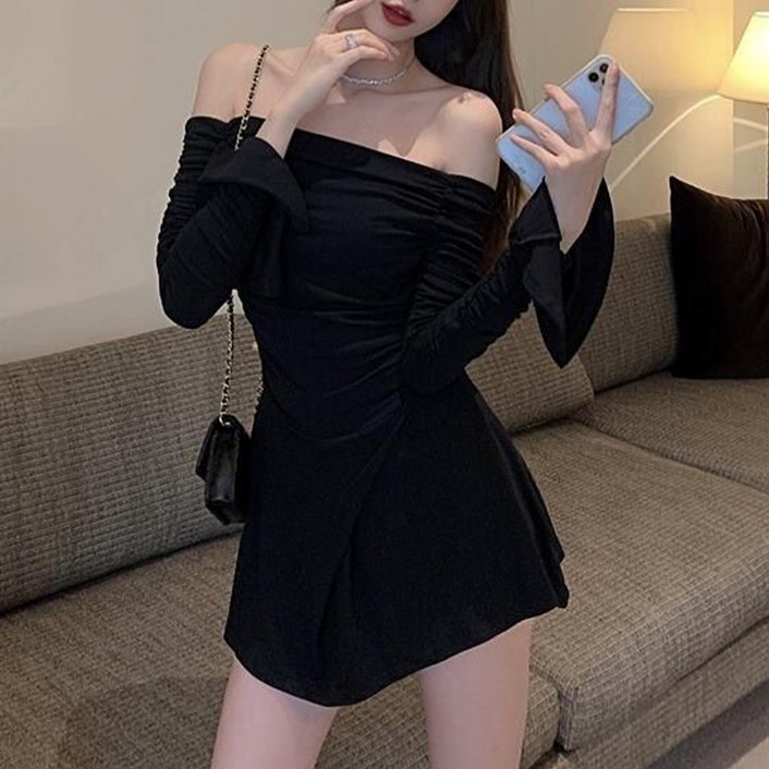 마켓에이 여성용 발레코어 셔링 오프숄더 슬림핏 미니원피스