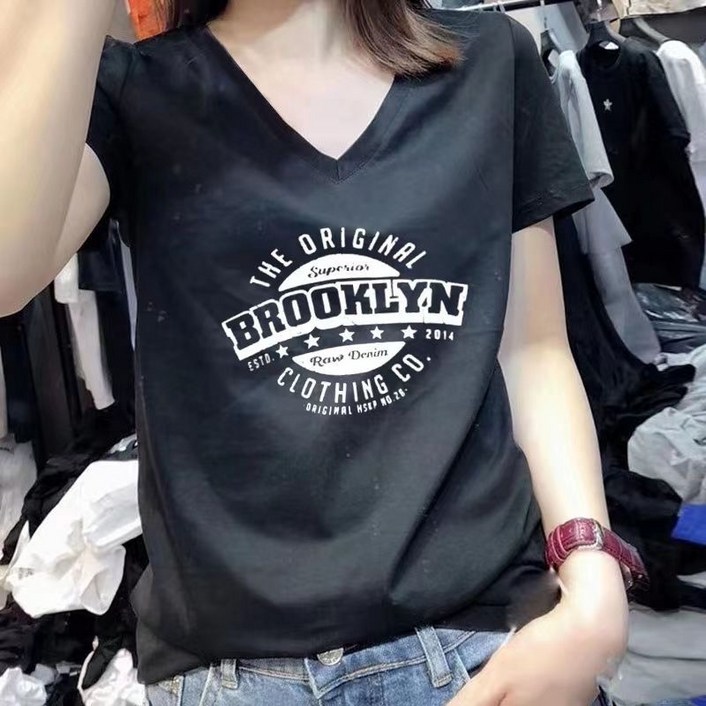 여성 브이넥 반팔 순면 티셔츠