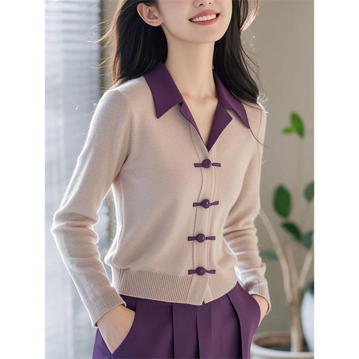 RCLET 여자 카라 니트티 매듭 단추 니트 가디건 슬림핏 재킷 셔츠넥 점퍼 봄가을 데일리
