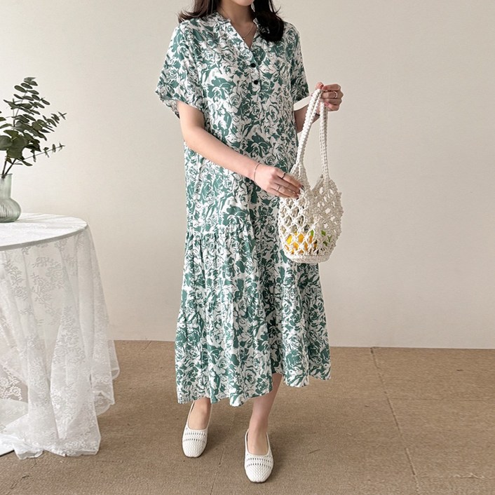 데일리앤 시그널 반팔 민소매 2type 여름 차이나카라 플라워 헨리넥 스트링 허리끈 투웨이 캉캉 롱 바캉스룩 원피스