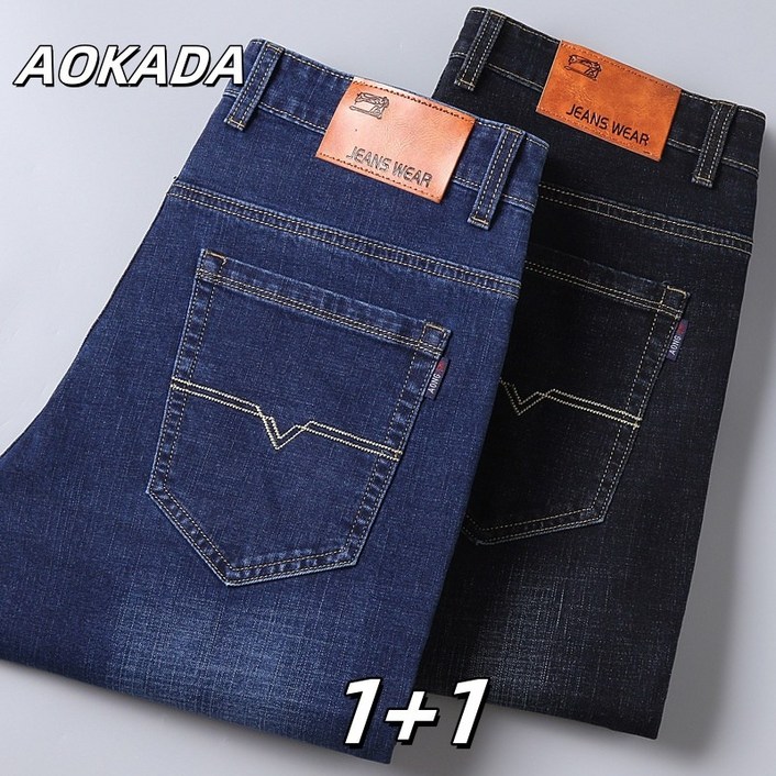 AOKADA 남자청바지 11 사계절 캐주얼 상무 편한 청바지 스판 일자핏 남성용 메탈 지퍼 긴 바지 블루블랙 2 개 바지