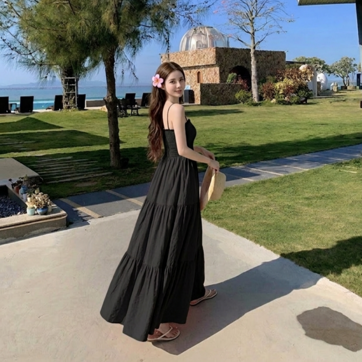 쁘띠엘라 휴양지 여신핏 롱원피스 스모크밴딩 A라인 발목기장 빅사이즈 비치웨어