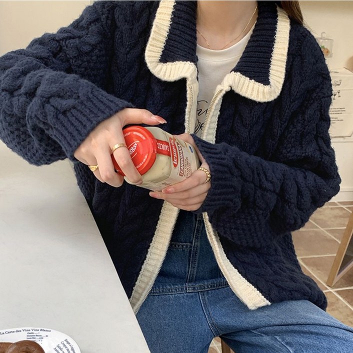 네모엔룩 여성용 케이블집업 꽈배기 배색 지퍼 시보리 카라넥 스웨터 울 니트 자켓 NL