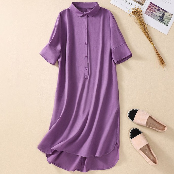 여성 여름 린넨 면 카라 셔츠 반팔 원피스 빅사이즈 캐주얼 오버핏 롱 원피스 임산부 하객룩 바캉스 원피스