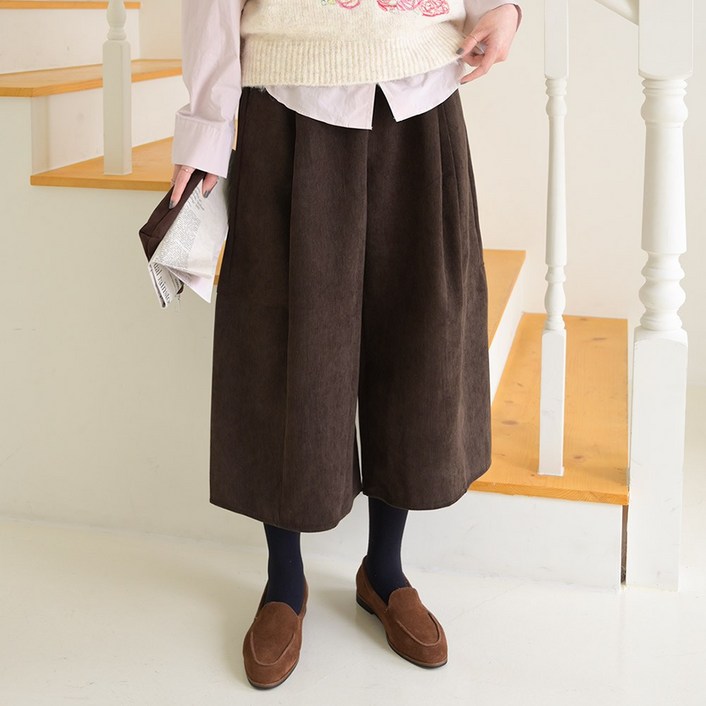 데일리앤 리틀 여성 코듀로이 벌룬 밴딩 8부 핀턱 와이드 큐롯 치마바지 가을 겨울 7부 스커트팬츠