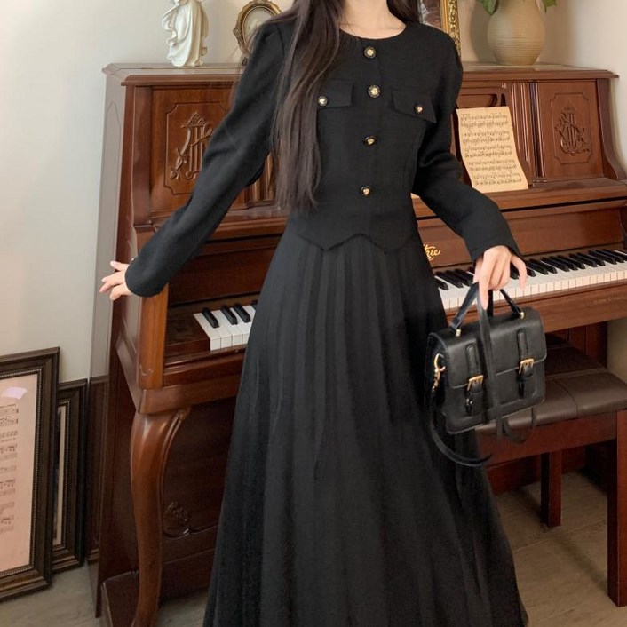 뉴욕멋쟁이 세즈 트위드 플리츠 롱원피스 (55~88사이즈까지)