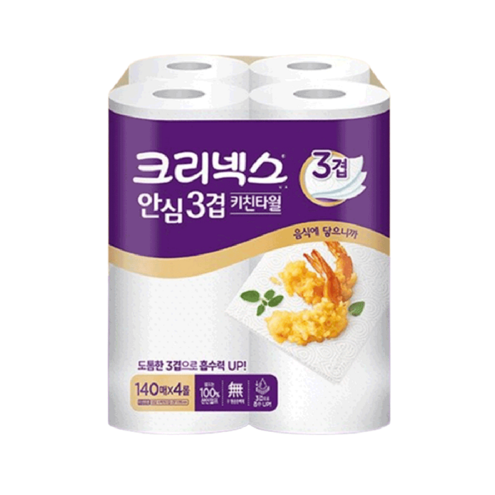 크리넥스 천연펄프 안심 3겹 각키친타올 140매, 4개입, 1개