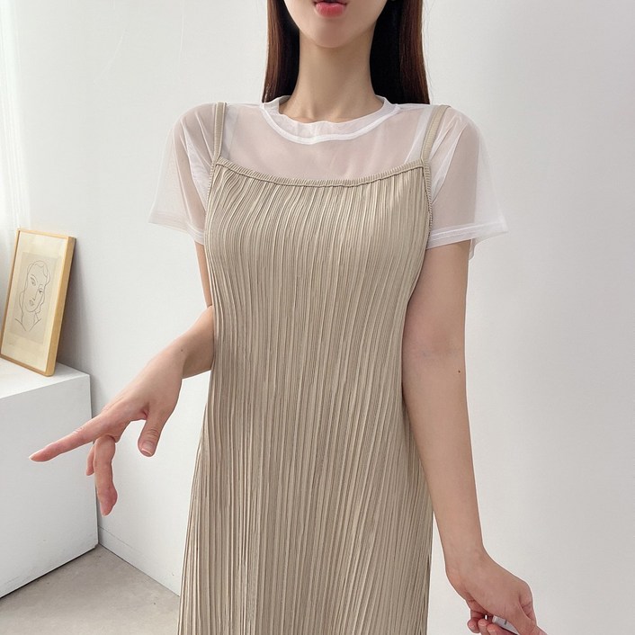 5577 플리츠 나시 민소매 레이어드 롱 주름 원피스 4color 빅사이즈 가능