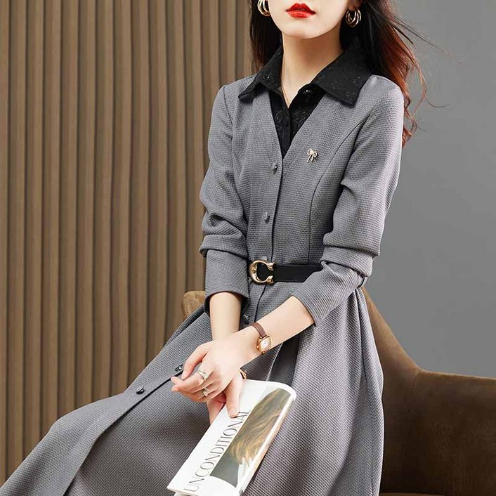 AOKADA 여성 가을 긴팔 레이어드 오피스룩 결혼식 하객룩 A라인 롱 셔츠 원피스