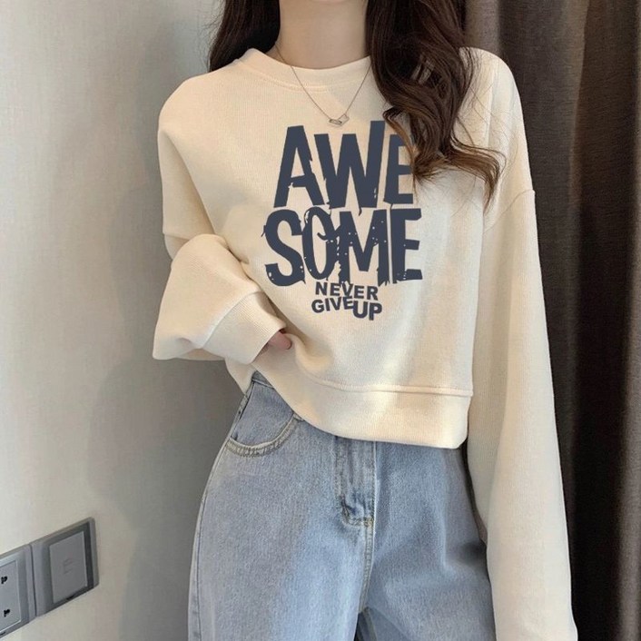 VVRR 여성 후드티 프린팅 디자인의 데일리 베이직 루즈한 핏 크롭트 상의 Z0012222