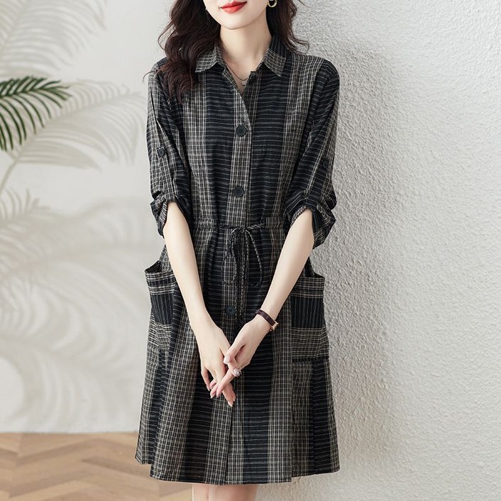 POMTOR 봄가을 면 체크 셔츠 원피스 빅사이즈 여성 하프 칠부 스트링 트렌치코트