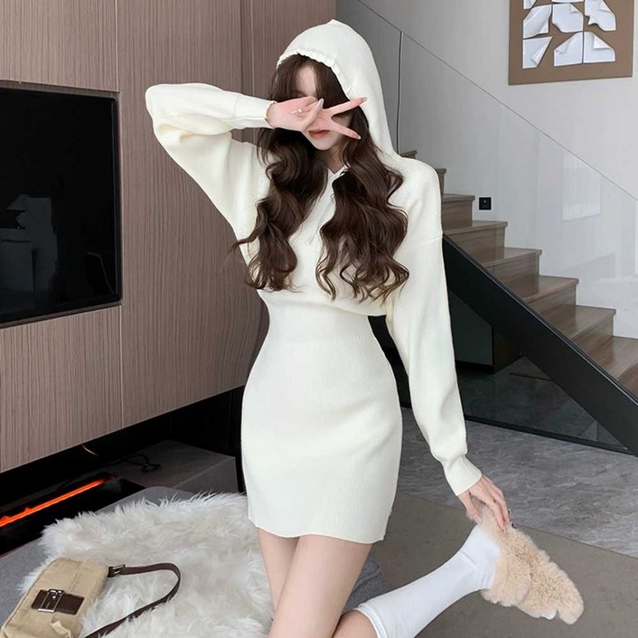 여성 봄 가을 홍콩 스타일 후드 원피스 니트 드레스 시크 스웨트 셔츠 원사이즈 국내