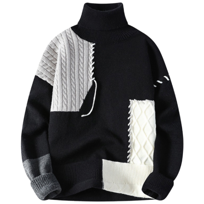 남성 터틀넥 니트 케이블 패치워크 스웨터 오버핏 겨울 목폴라티 WI016N