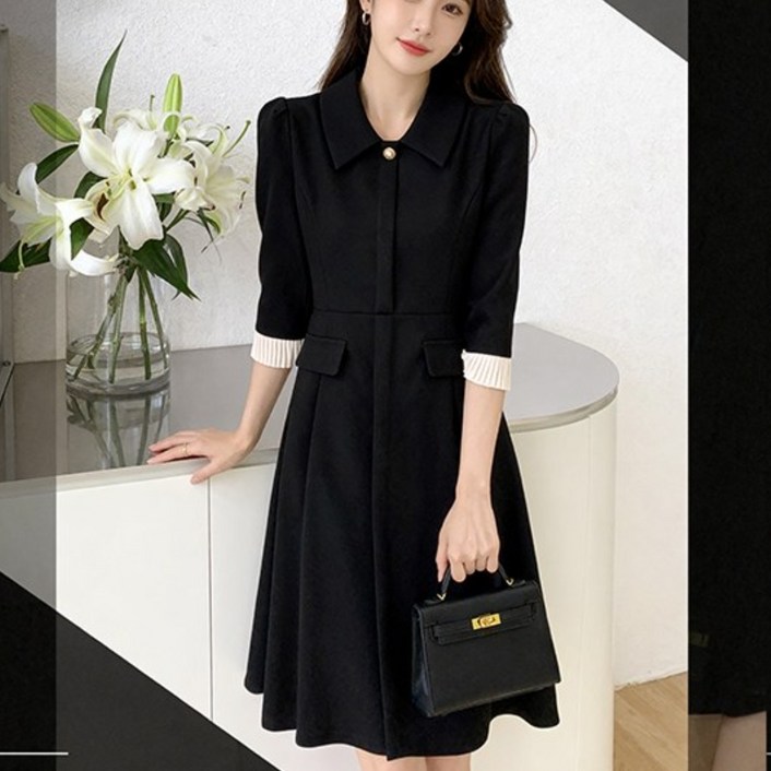 비비디아 여성 플리츠 카라 원피스 벨트 투피스느낌 정장 원피스 하객룩 5566