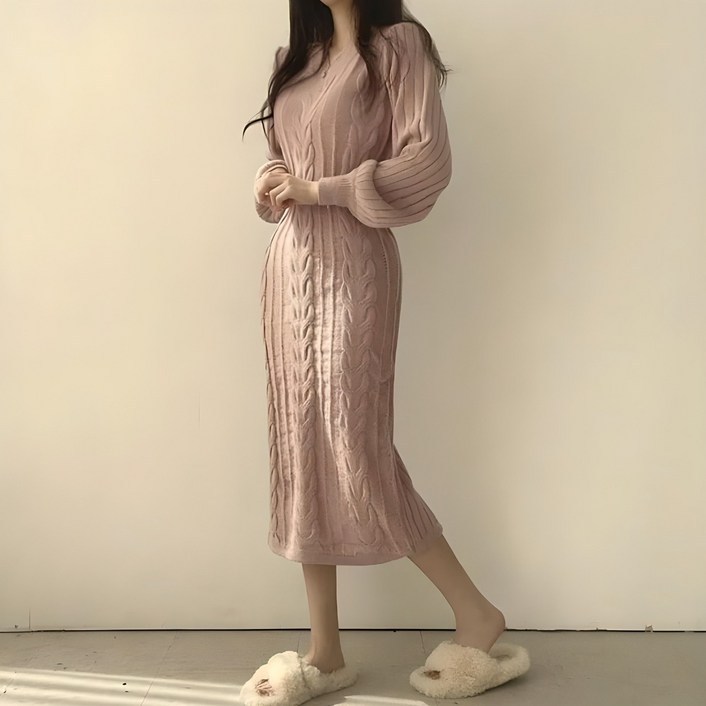 시연 가을 겨울 여성 브이넥 니트 원피스 3COLOR