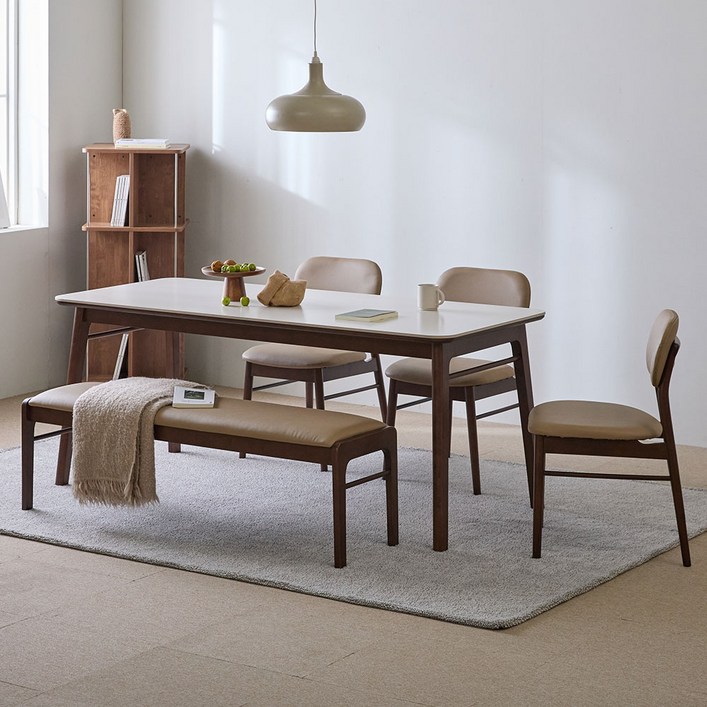 루리 세라믹 원목식탁 6인용 1800 + 의자3p + 벤치 세트 방문설치, 월넛내추럴(프레임, 의자, 벤치), 베이지(상판), 일반 3 + 벤치 1