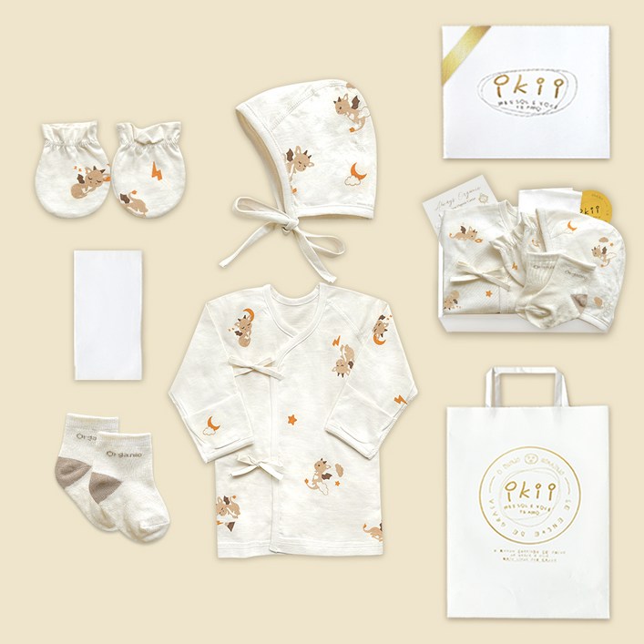 ikii 유아용 오가닉 배냇저고리 5종 출산 선물세트 긴소매 선물포장  쇼핑백