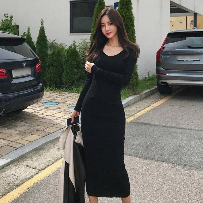 타니즈 브이넥 슬림 골지 니트원피스 플립