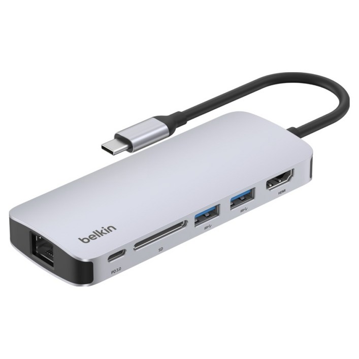 벨킨 connect USB C 6in1  멀티 포트 허브 어댑터 AVC008fqSGY V2, 실버 그레이, 1개